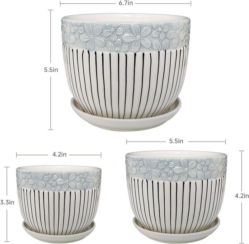 Ton Sin Grey Flower Pots,Texture Planter for Indoor Plants Set of 3 Ceramic Flower Pots with Saucer,Cute Garden Pots Succulent Pots（3 Pack,Grey - Image 2